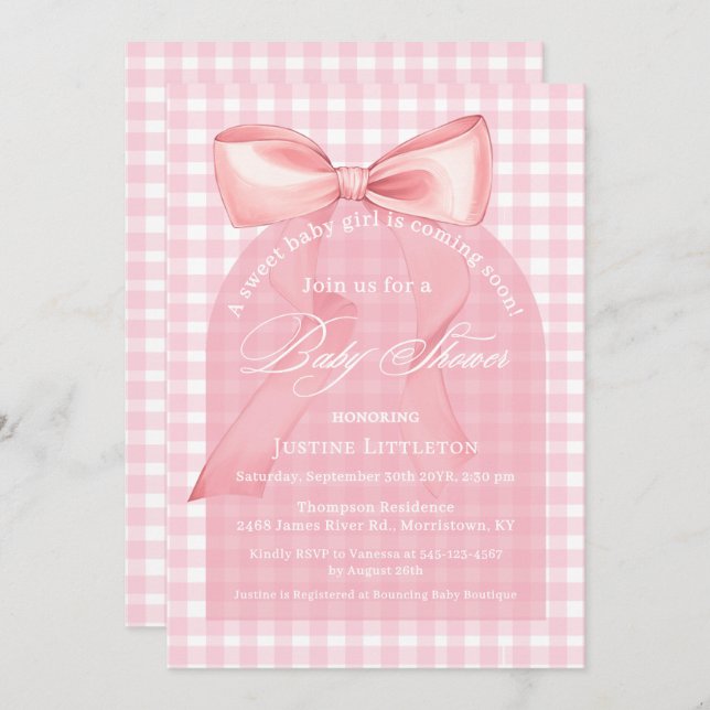 Sweet Rosa Bow Gingham Arch Girl Baby Shower Inbjudningar (Fram/baksida)