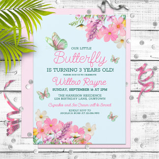 Sweet Rosa Butterfly Theme Girl's Födelsedagsfest Inbjudningar