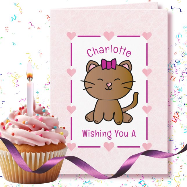 Sweet Rosa Cat Tecknad Adsible Kitten Birthday Kort (Skapare uppladdad)