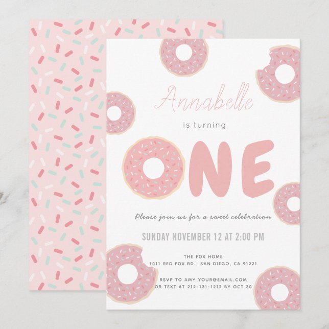 Sweet Rosa Donut Girl 1:a födelsedagen Inbjudningar (Fram/baksida)