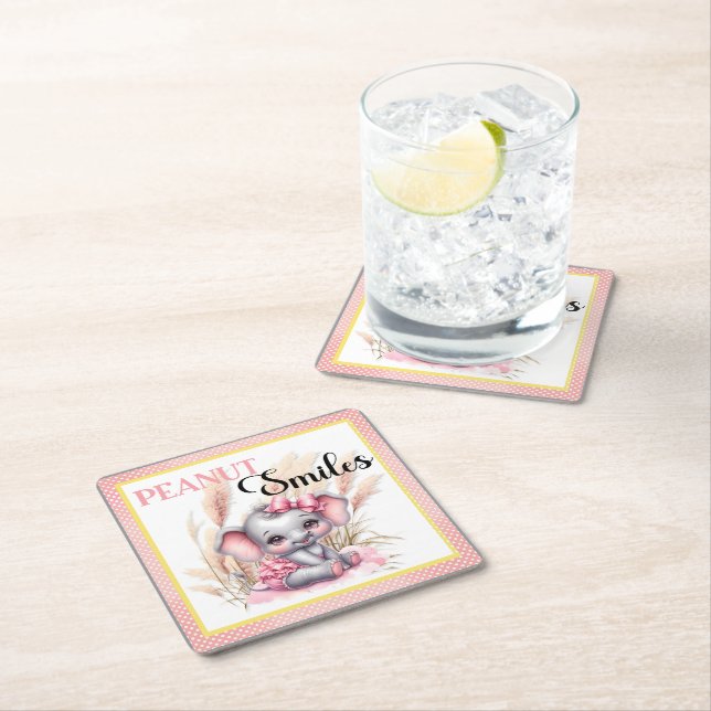 Sweet Rosa Elephant - Peanut Smiles Underlägg Papper Kvadrat (Insitu)