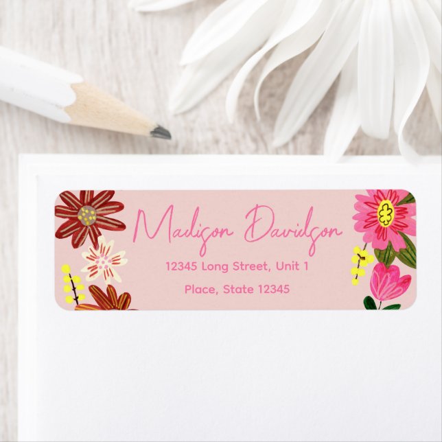 Sweet Rosa Flowers Blommigt Label Returadress Etikett (Insitu)