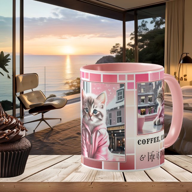 Sweet Rosa Funny Cat Kaffemugg (Funny cat mug featuring your photos (optional) framed by a checkered design in sweet pink )