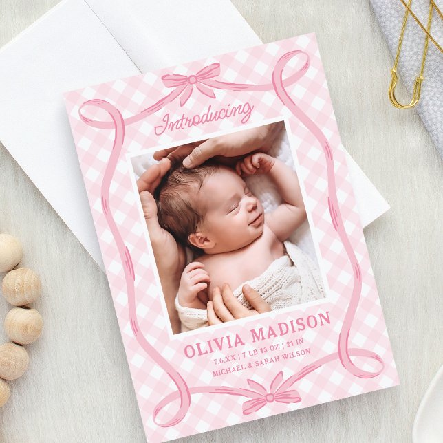 Sweet Rosa Gingham Ribbon Bow Birth Notice Inbjudningar (Skapare uppladdad)