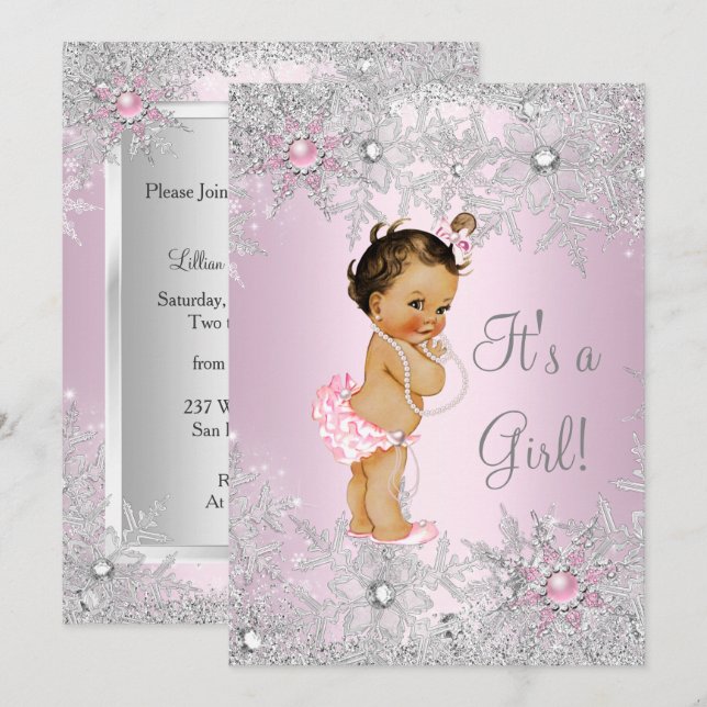 Sweet Rosa Girl Girl Baby Shower Snowflake Winter Inbjudningar (Fram/baksida)