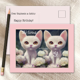 Sweet Rosa Girly Kitten Twin Birthday Postcard Vykort