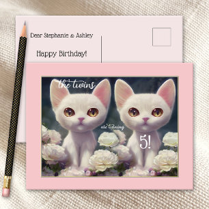Sweet Rosa Girly Kitten Twin Birthday Postcard Vykort