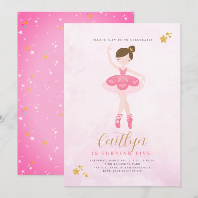 Sweet Rosa & Guld Ballerina Birthday Call Inbjudningar (Fram/baksida)