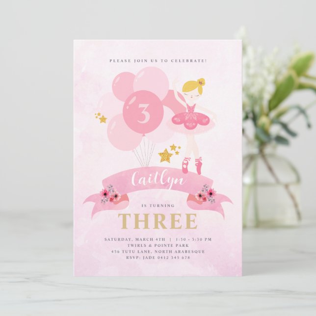 Sweet Rosa & Guld Ballerina Birthday Call Inbjudningar (Stående Fram)