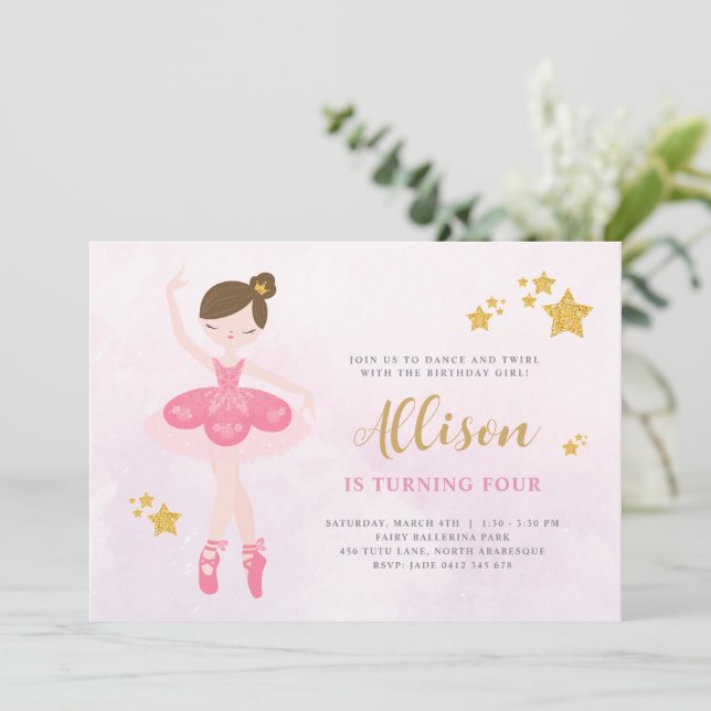 Sweet Rosa & Guld Ballerina Birthday Inbjudningar (Stående Fram)