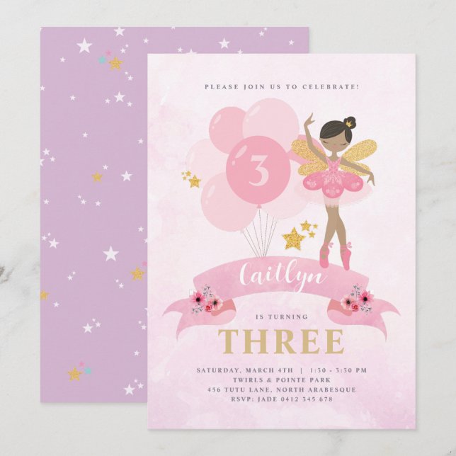 Sweet Rosa & Guld Ballerina Fairy Birthday Inbjudningar (Fram/baksida)