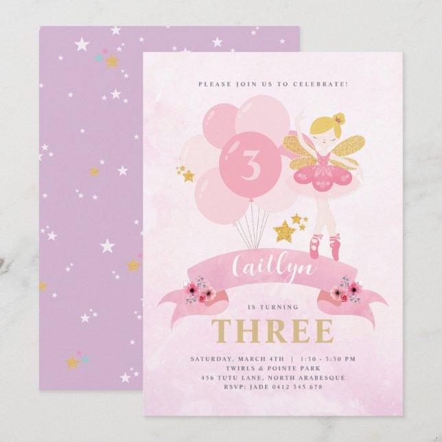 Sweet Rosa & Guld Ballerina Fairy Birthday Inbjudningar (Fram/baksida)