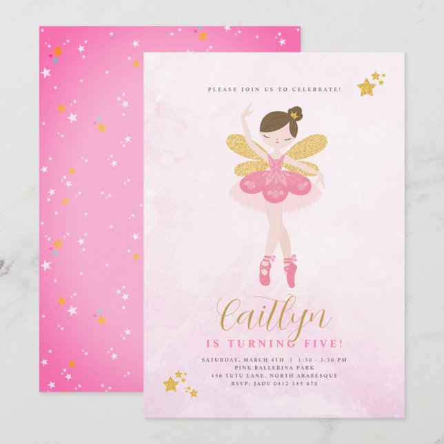 Sweet Rosa & Guld Ballerina Fairy Birthday Inbjudningar (Fram/baksida)
