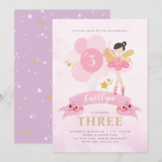 Sweet Rosa & Guld Ballerina Fairy Birthday Inbjudningar (Fram/baksida)
