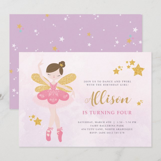 Sweet Rosa & Guld Ballerina Fairy Birthday Inbjudningar (Fram/baksida)