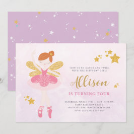 Sweet Rosa & Guld Ballerina Fairy Birthday Investi Inbjudningar