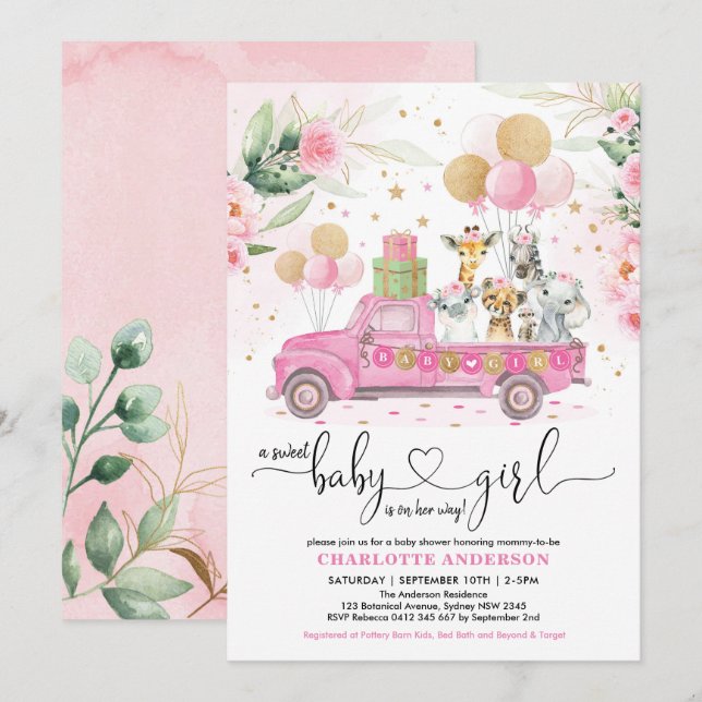 Sweet Rosa Guld Safari Animals Girl Baby Shower Inbjudningar (Fram/baksida)
