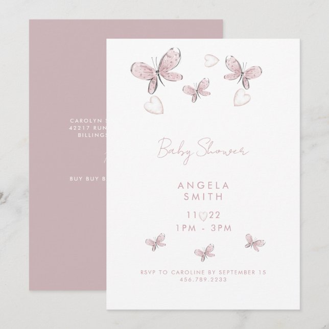 Sweet Rosa Hearts & Butterflies Dusty Ro Inbjudningar (Fram/baksida)