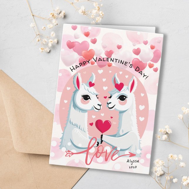 Sweet Rosa Hearts Llama Couple Valentine Day Kort (Sweet Pink Hearts Llama Couple Valentine's Day Card)