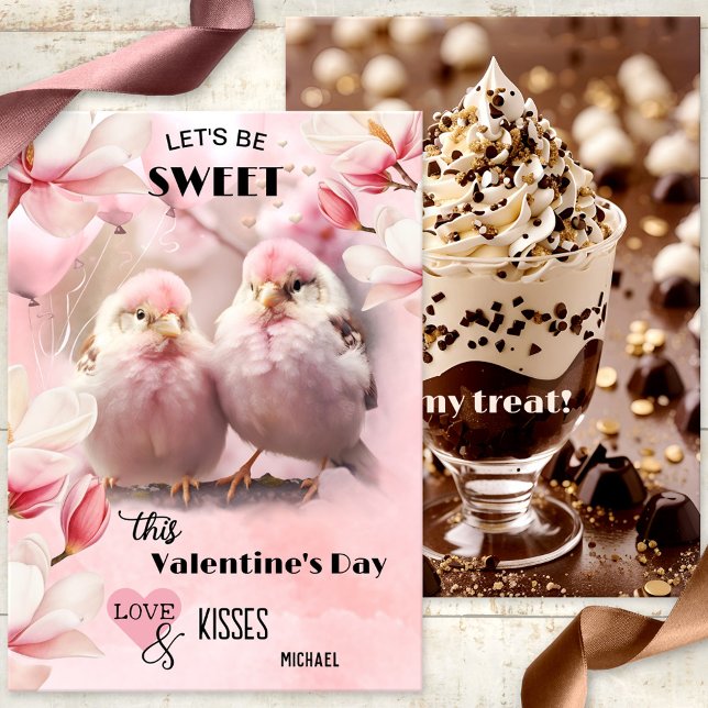 Sweet Rosa Love birds Chocolate Valentine Day Julkort (A super sweet cute chocolate Valentine's Day card featuring two pink love birds and magnolia flowers)