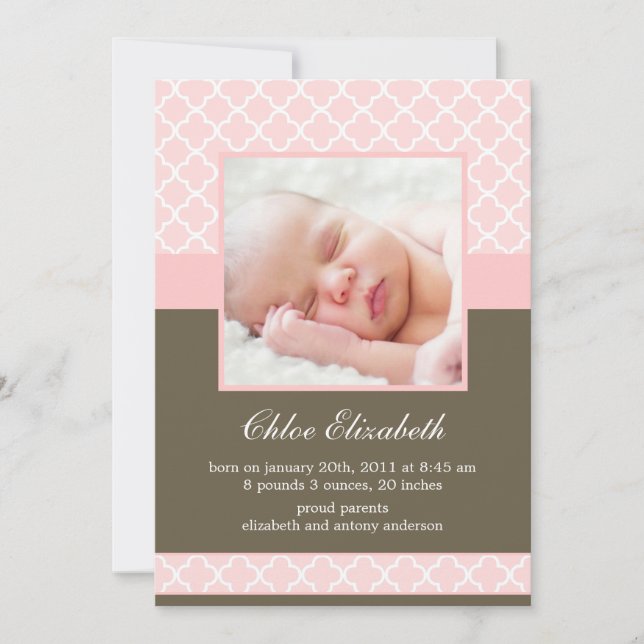 Sweet Rosa Quatrefoil Girl Birto Birth Meddelande (Framsida)