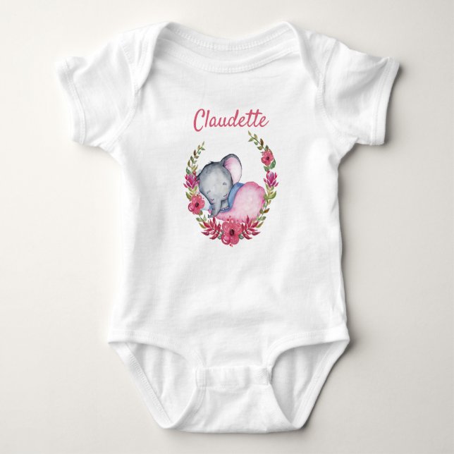 Sweet Rosa ros Blommigt Baby Elephant Girls T Shirt (Framsida)