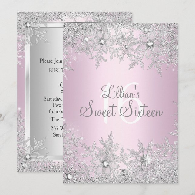 Sweet Rosa Sweet 16 Snowflake Winter Wonderland Inbjudningar (Fram/baksida)