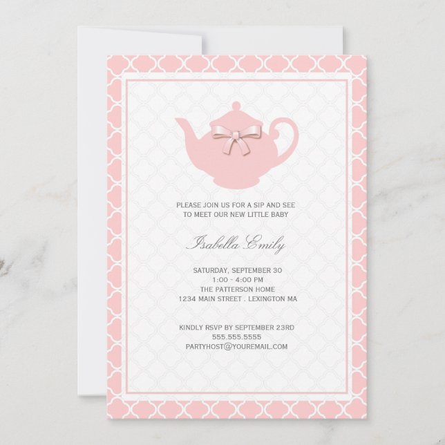 Sweet Rosa Tekanna Baby Sip och Se Tea Party Inbjudningar (Framsida)