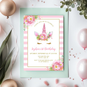 Sweet Rosa Unicorn Ansikte Girl Girl Födelsedagsfe Inbjudningar