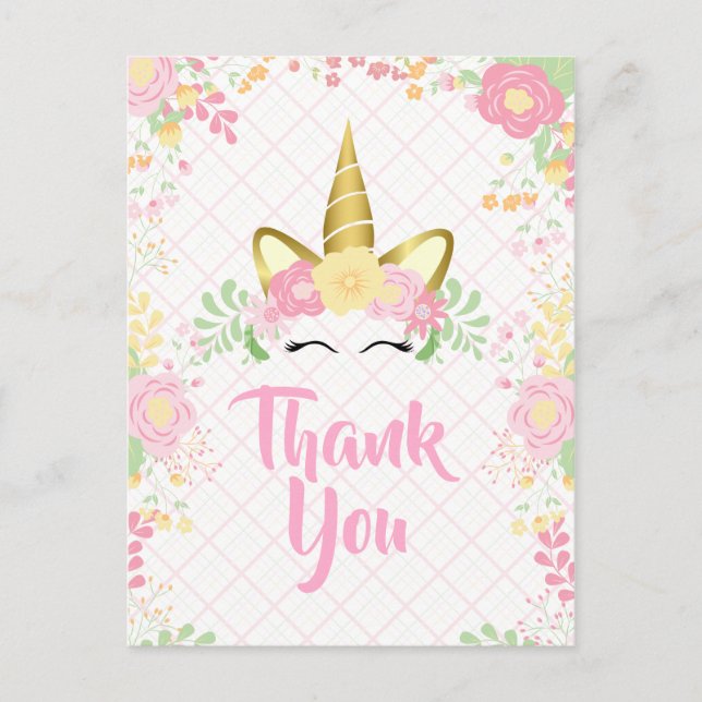 Sweet Rosa Unicorn Blommigt Birthday | TACK Inbjudan Vykort (Framsida)