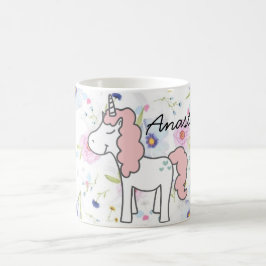 Sweet Rosa Unicorn, Flowers och ditt namn Kaffemugg