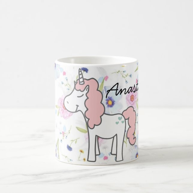 Sweet Rosa Unicorn, Flowers och ditt namn Kaffemugg (Center)