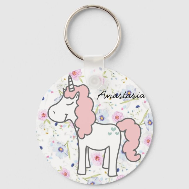 Sweet Rosa Unicorn, Flowers och ditt namn Nyckelring (Framsida)