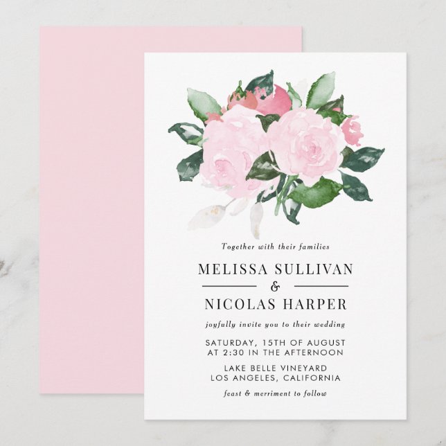 Sweet Rosa Watercolor Ro bröllopsinbjudan Inbjudningar (Fram/baksida)