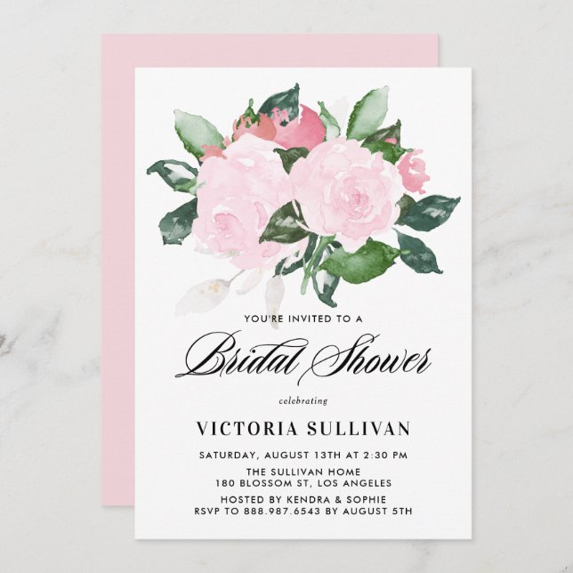 Sweet Rosa Watercolor Ro Möhippa Inbjudningar (Fram/baksida)