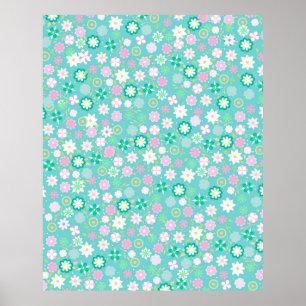 Sweet Rosa White Teal Ditsy Blommönster Poster