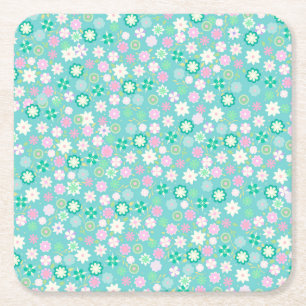 Sweet Rosa White Teal Ditsy Blommönster Underlägg Papper Kvadrat
