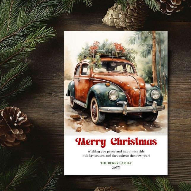 Sweet rustic Christmas scene red car winter Julkort (Sweet rustic Christmas scene red car winter Holiday Card )
