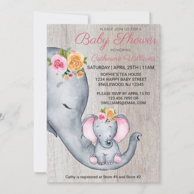 Sweet Rustic Elephant Rosa Blommigt Girl Baby Show Inbjudningar (Framsida)
