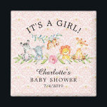 Sweet Safari Animals Baby Shower Favor Magnet<br><div class="desc">Sötdjungelns magnet för en flickdusch med en zebra,  elefant,  lejon,  giraffe och apa på en rosa dammbas bakgrund. Matchande artiklar i vår butik.</div>