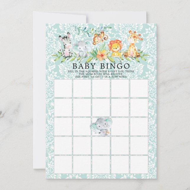Sweet Safari Animals BINGO Baby Shower Game Inbjudningar (Framsida)