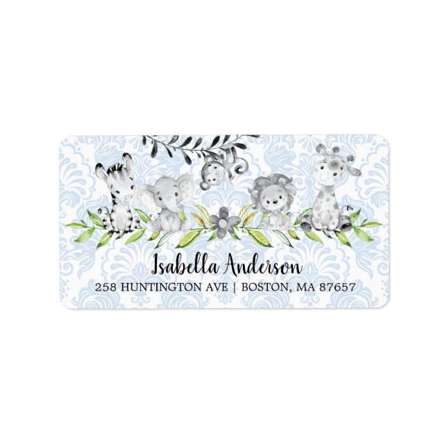 Sweet Safari Animals Boys Baby Shower Adress Adressetikett (Framsidan)