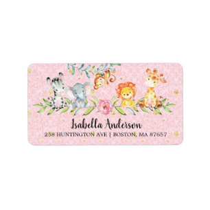 Sweet Safari Animals Girls Baby Shower Adress Adressetikett