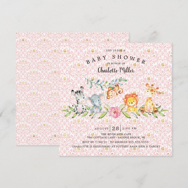 Sweet Safari Animals Girls Baby Shower Inbjudningar (Fram/baksida)