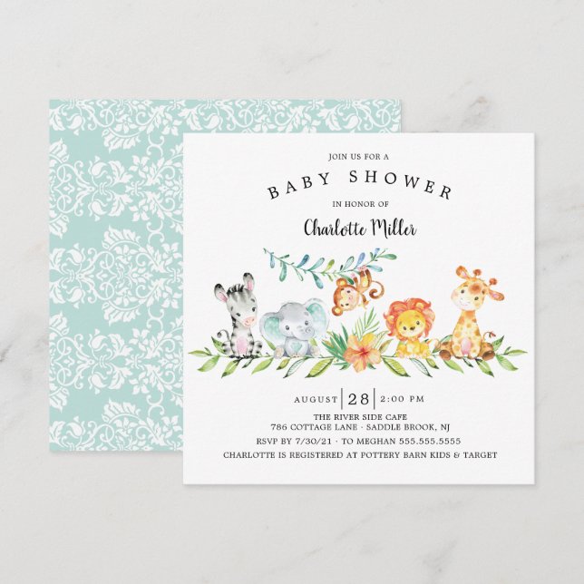 Sweet Safari Animals Kön Neutral Baby Shower in Inbjudningar (Fram/baksida)