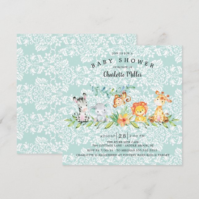 Sweet Safari Animals Kön Neutral Baby Shower Inbjudningar (Fram/baksida)