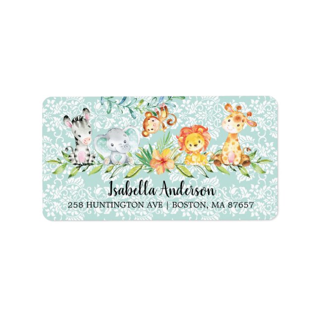 Sweet Safari Animals Neutralt Baby Shower Adress Adressetikett (Framsidan)