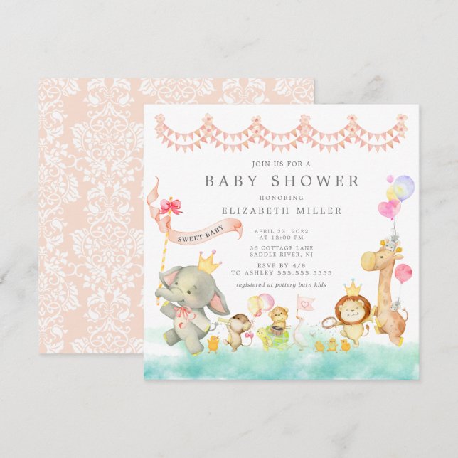 Sweet Safari Animals Parad Baby Shower-inbjudan Inbjudningar (Fram/baksida)