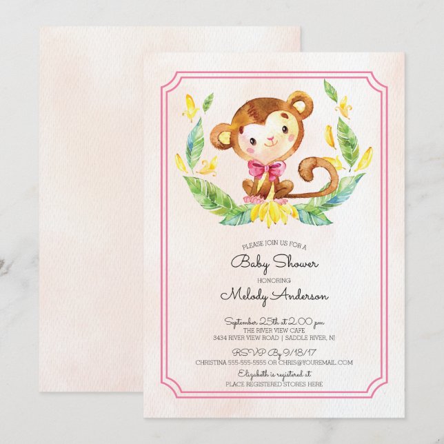 Sweet Safari Monkey Girls Baby Shower-inbjudan Inbjudningar (Fram/baksida)