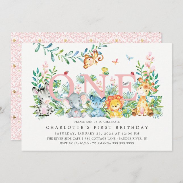 Sweet Safari ONE Flickor 1:a födelsedagsinbjudan Inbjudningar (Fram/baksida)